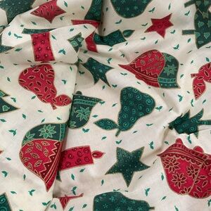 Festive Holiday Fabric with Red and Green Ornaments